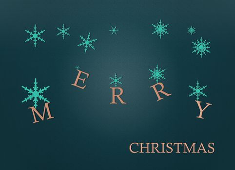 Merry Christmas text in antique gold and icons of snowflakes in turquoise blue on green background. Illustration. Christmas, 2021 New Year greeting card, frame, banner.