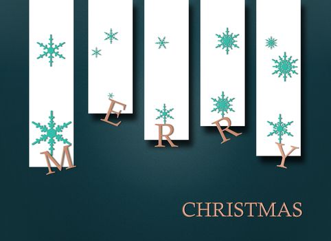 Merry Christmas text in antique gold and icons of snowflakes in turquoise blue on white and shiny green background. 3D illustration. Christmas, elegant 2021 New Year trendy greeting card, frame, banner, wallpaper.