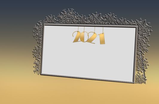 Christmas or 2021 New Year mock up background. Minimalistic style made of gold snowflakes frame for text. 3D illustration