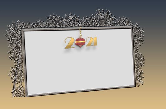 Christmas or 2021 New Year mock up background. Minimalistic style made of gold snowflakes frame, hanging digit 2021. 3D illustration