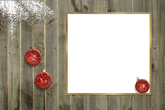 Mock Christmas 2021 New Year design, flyer, poster, banner, web, header. Gold frame and red hanging baubles on wood background. Copy space. Invitation, place for text, mockup. 3D illustration