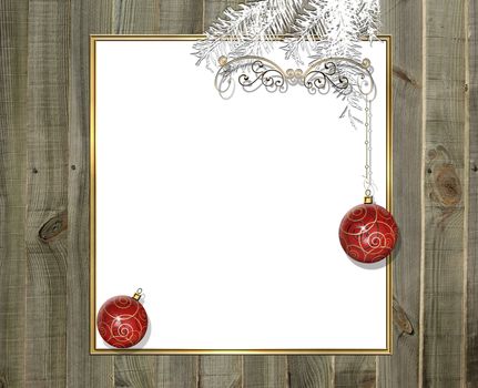 Christmas New Year festive composition. Mock up frame with blank copy space, fir branches, red gold Christmas baubles on old wood background. Flat lay, top view festive concept. 3D illustration