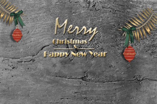 Christmas background with text Merry Christmas Happy New Year with red hanging balls, green bows on old wood background. 3D Illustration