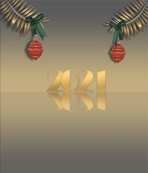 Luxury elegant 2021 Christmas New Year greeting card. Golden shiny digit 2021 with fir branches and red balls on gold background. Copy space, web poster, corporate business card. 3D illustration