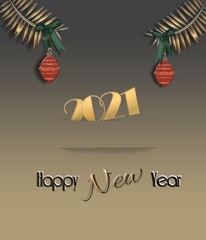 Elegant 2021 New Year card in gold colour with gold shiny text 2021 in paper stripe, fir branches with red balls and text Happy New Year. 3D Illustration