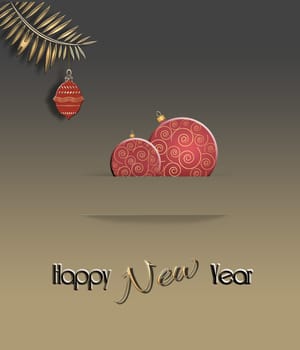 Elegant luxury Christmas and 2021 New Year greeting card in gold colour with hanging red balls and text Happy New Year. 3D Illustration