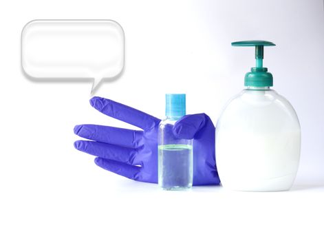 Protective face mask, soap, antiseptic, gloves against virus on white background