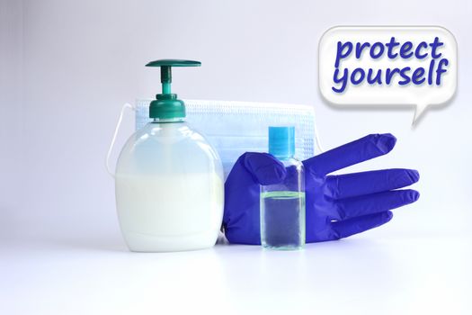 Protective face mask, soap, antiseptis, gloves against virus on white background