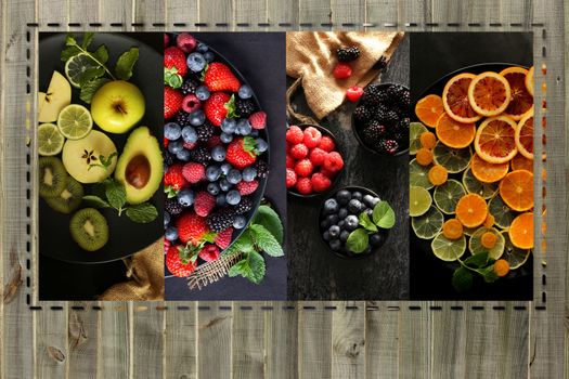 collection, collage of colorful fresh fruits on old wood background