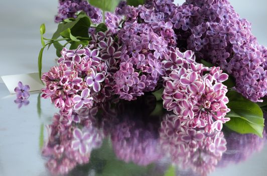 Happy mothers day beautiful purple spring flowers with gift tag. Lilac flowers on old antique brown wood rustic background. Top view, flat lay. Banner, card, poster concept.