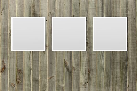 Collage of blank picture frames on old wooden background. Design, interior decor, mock up