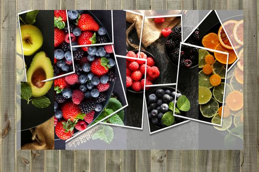Collage of summer fruits and berries on wooden background. Healthy, vegetarian food concept. Mock up