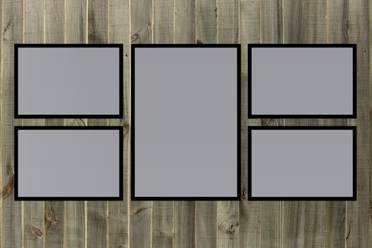 Collage of blank picture frames on old wooden background. Design, interior decor, mock up
