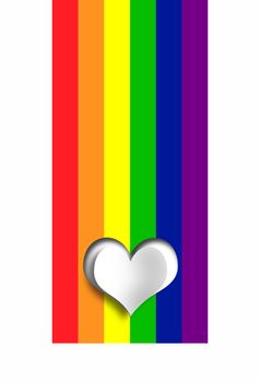 White heart on rainbow color LGBT flag. LGBT pride symbol. 3D illustration. Vertical