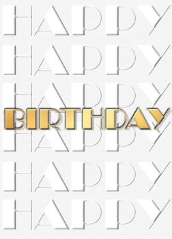 Happy birthday paper banner with gold glossy text Happy Birthday on white background. Holiday card, 3D illustration.