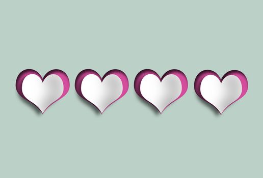 Set of paper cut hearts shape flying on pastel background. Romantic, symbol, wrapping, gifts, holiday, greeting card, Valentines, Mothers, birthday, wedding, decoration Copy space 3D illustration