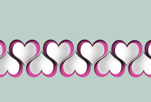 Continuous line heart shape border with realistic paper hearts on pastel background for Valentines, wedding, women, party, mothers day, greeting invitation, graphic design. Copy space. 3D illustration