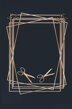 Luxury black frame background with professional hairdressing scissors in gold colour for advertising modern glamour hair salon. 3D illustration. Mock up, banner, card, copy space, opening massage