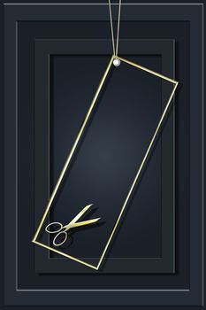 Luxury black frame background with professional hairdressing scissors in gold colour for advertising modern glamour hair salon. 3D illustration. Mock up, banner, card, copy space, opening massage