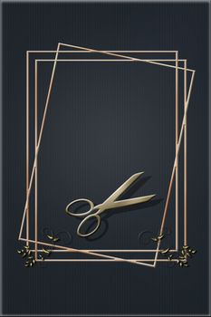 Luxury black frame background with professional hairdressing scissors in gold colour for advertising modern glamour hair salon. 3D illustration. Mock up, banner, card, copy space, opening massage