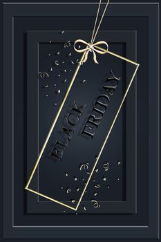 Black Friday text of black letters on black background with frames and gold confetti, vertical banner, design template. Copy space, creative background. 3D illustration