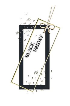Black Friday sale price tag shape of gold and black frames on white background with bow and confetti. Label. 3D Illustration. Copy space