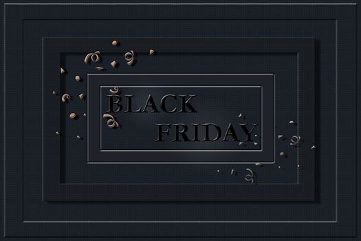 Black Friday text of black letters on black background with frames and gold confetti, horizontal banner, design template. Copy space, creative background. 3D illustration