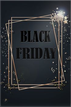 Black Friday text of black letters on black background with frames and gold confetti, horizontal banner, design template. Copy space, creative background for business promotional. 3D illustration