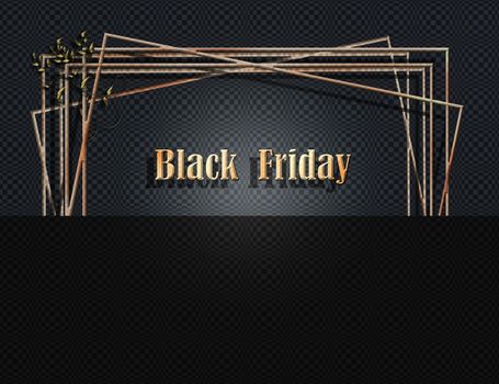 Gold glitter frames on black pattern background. Golden text Black Friday. Illustration. Sales concept