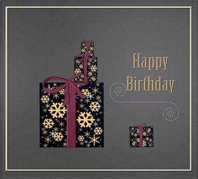 Happy Birthday text and gift boxes with bow on glitter gold color background. Birthday greeting card concept. Illustration. Copy space, banner.
