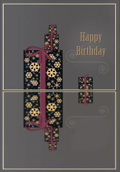 Stylish Happy Birthday text and gift boxes with bow on glitter gold color background with reflection. Birthday greeting card concept. Illustration. Copy space, banner.