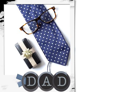 Mens tie, wrapped gift box, eyeglasses and gift tag on white background with icon frame with DAD inscription. Happy fathers day concept