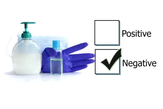 Ticked box with negative test results for COVID-19 virus and protective accessories against virus on white background. Testing result, blood swab test, vaccination, coronavirus test concept