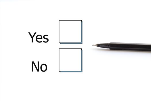 Yes and No Check boxes with black pen on white background. Choice, voting concept