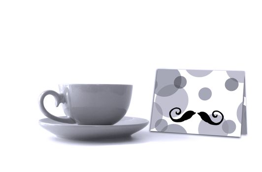 Happy Fathers Day tag with gift box and cup, on wooden table, on light background in black and white. Mock up