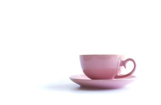 Pink porcelain cup of tea on white background. Card, poster, mock up. Celebrating, anniversary, birthday concept. Banner, mock up menu, poster