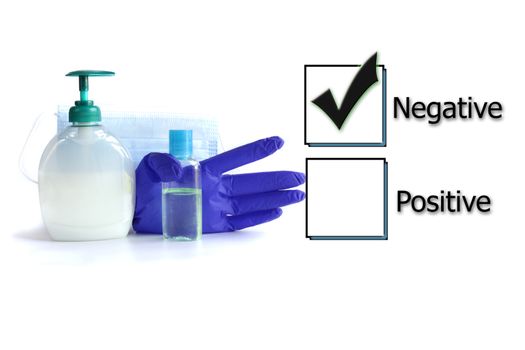 Ticked box with negative test results for COVID-19 virus and protective accessories against virus on white background. Testing result, blood swab test, vaccination, coronavirus test concept