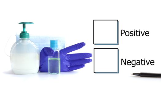 Boxes with negative or positive test results for COVID-19 virus and protective accessories against virus on white background. Testing result, blood swab test, vaccination, coronavirus test concept