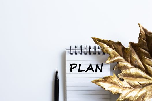 Blank notebook and word PLAN, black pen and symbol of autumn marple leaf on white background. Personal yearly to do lists or new year's resolution or plan concept.