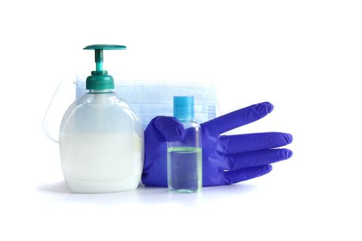 COVID-19 Corona virus protection. Images of hand sanitizer, glove, mask, soap dispenser to protect against 2019 nCoV, Help to stop the virus spread. Protect yourself and others