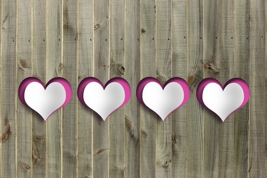 Flying pink white paper hearts on wooden background. Valentine's Day. Symbol of love. Copy space, mock up. 3D illustration