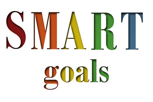 Words SMART Goals on white background, acronym. Planning, business, marketing, strategy, evaluation and personal development concept. Presentation, mock up