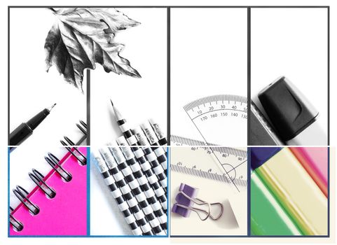 Colorful collage of school, office supplies. Images of spiral notebook, organizer pencils, highlighters and golden leaf is symbol of autumn fall on the top on white background. Faded, black and white. Back to school, seasonal concept concept