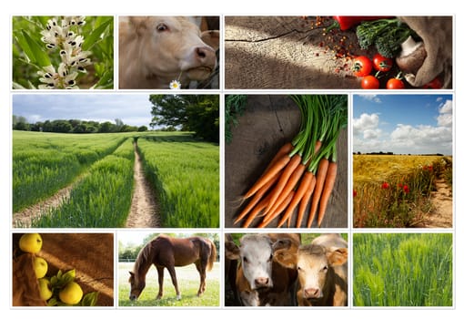 Agriculture collage, food production, summer autumn field, wheat, apples, cows, cattle. Rural seasonal pictures of nature and food production