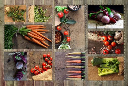 Mixed fresh ripe colorful vegetables collage on old wooden rustic background. Vegetarian, healthy food, autumn harverst concept. Restaurant menu