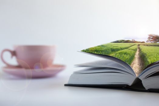 Collage of photos of green rural landscape with light from lens flare on soft focus open book, cup of tea coffee on white background. Book is power, source of knowledge, dream, access to wisdom concept