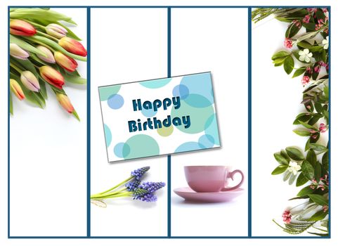 Collage of beautiful photos of summer spring flowers and cup of tea on white background with Happy Birthday sign on card. Flat lay. Mothers day, Greetings, Valentines, invitation, celebration, anniversary card. Spring summer floral border with copy space