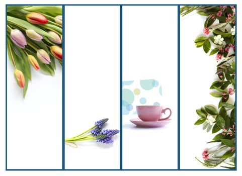 Collage of beautiful photos of summer flowers, card and cup of tea on white background. Flat lay. Greeting, Mothers day, Birthday, Valentines, invitation, celebration, anniversary card. Spring summer floral border with copy space