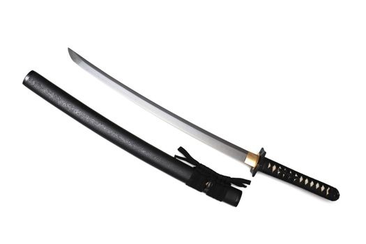 Japanese sword steel fitting and black  cord with black scabbard isolated in white background.