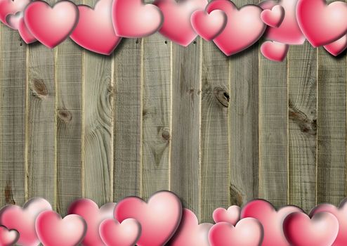 Happy Saint Valentine's day card, horizontal border of holiday objects icons of pink hearts on wooden background.